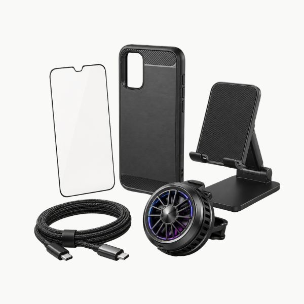 Premium black mobile accessories bundle featuring phone case, tempered glass screen protector, foldable phone stand, braided USB-C cable, and mobile cooling fan on a clean light background.