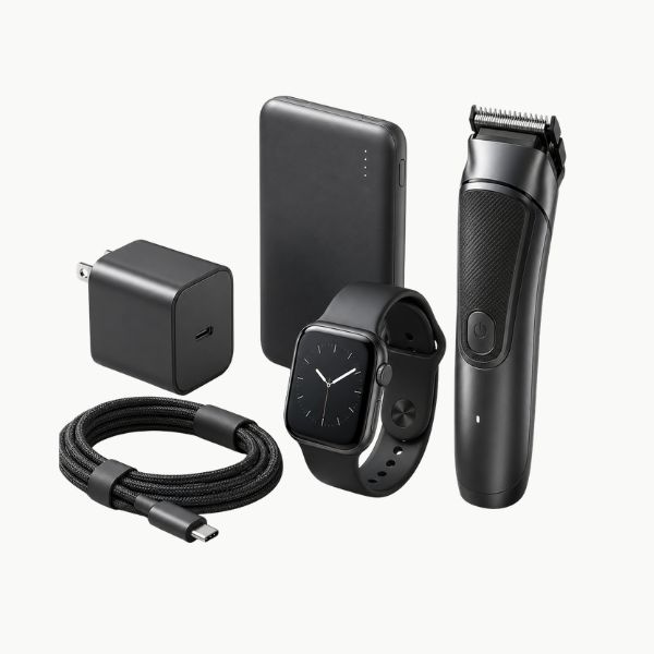 Premium black electronics gadgets bundle featuring USB-C fast charger, braided charging cable, slim power bank, smartwatch, and electric trimmer on a clean light background.