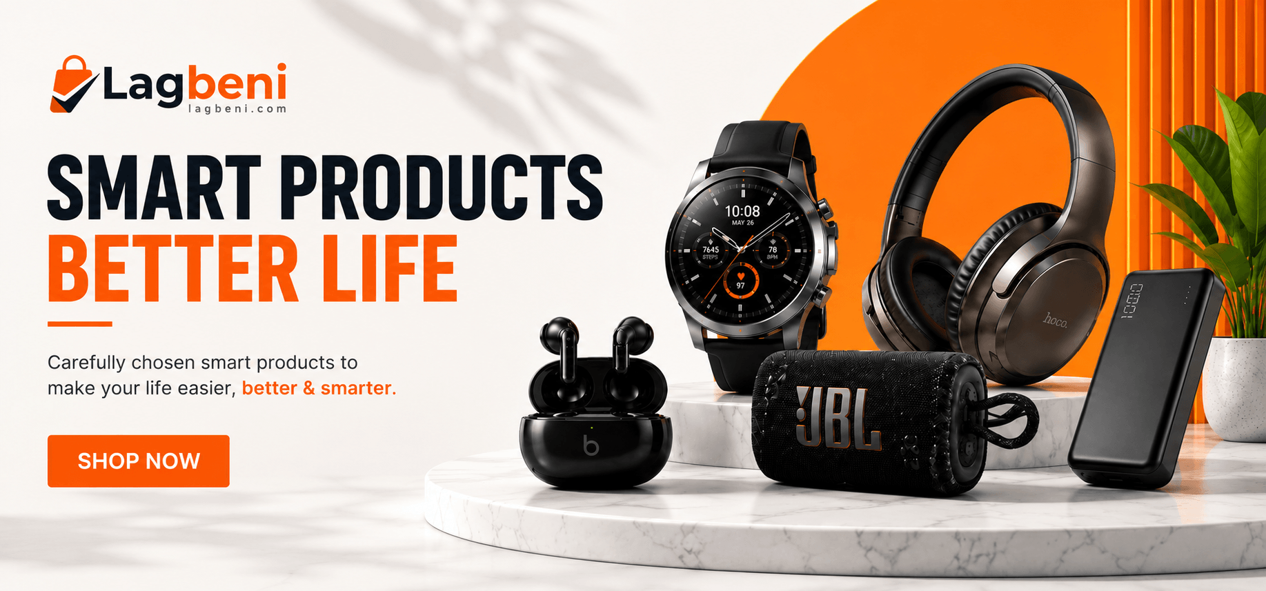 Lagbeni smart products website banner featuring smartwatch, wireless headphones, earbuds, Bluetooth speaker and power bank
